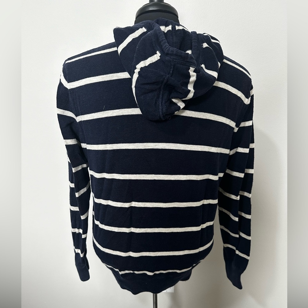 J Crew 1/4 Button Sweater Hoodie. Navy with White Stripe. Size M.